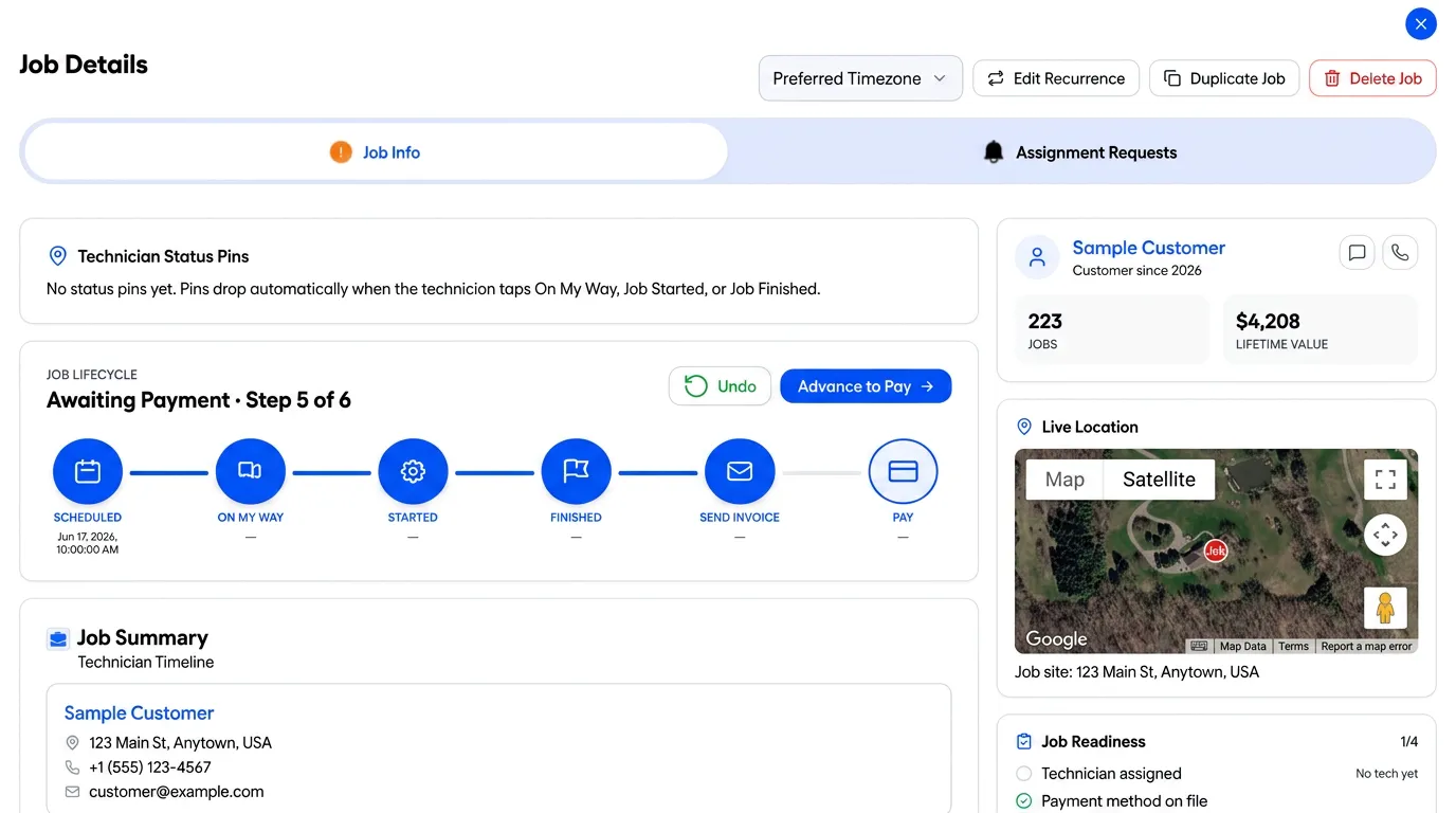 JobTrekPro job details page with customer, location, and status