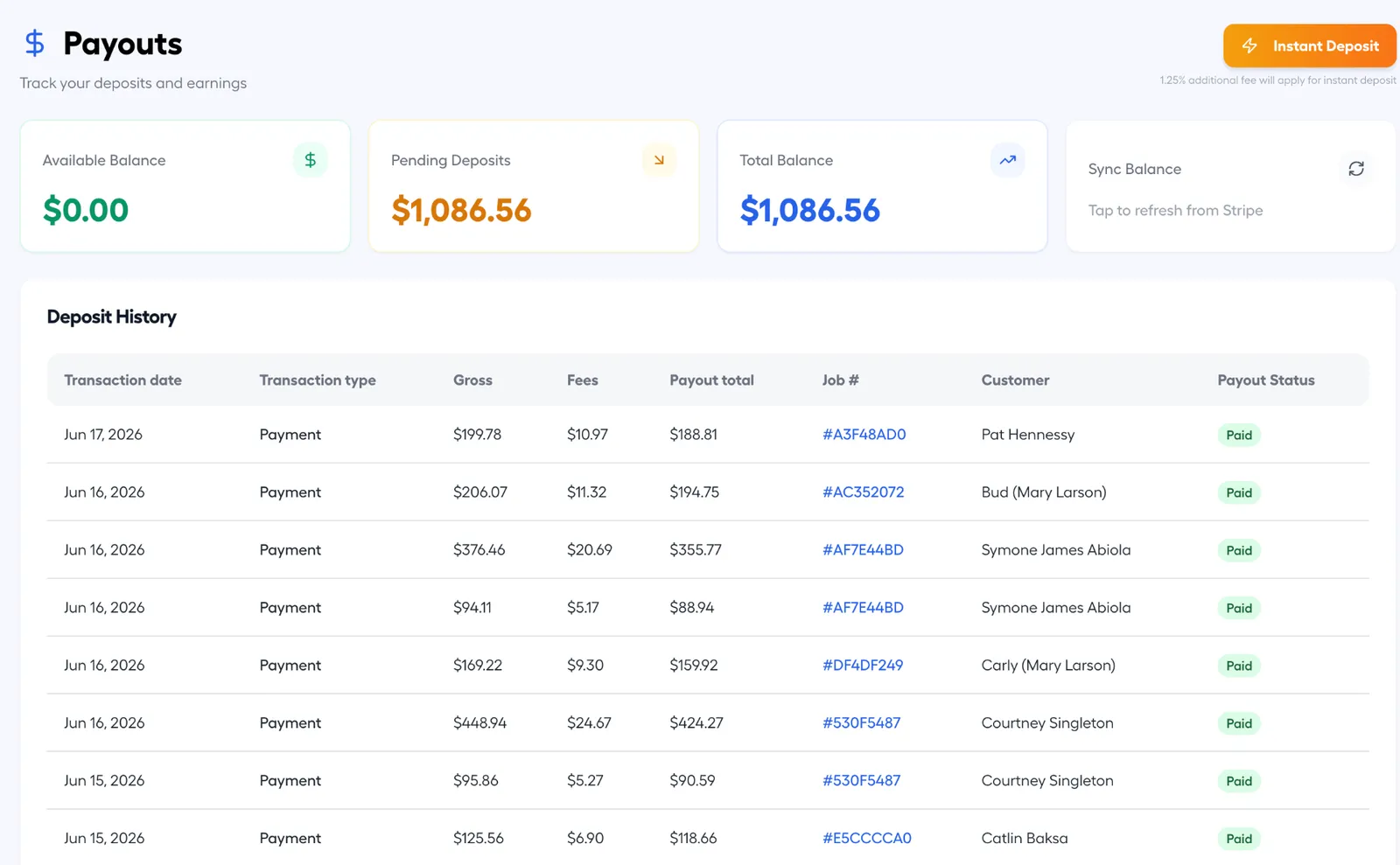 JobTrekPro payouts screen showing Stripe Connect payout status