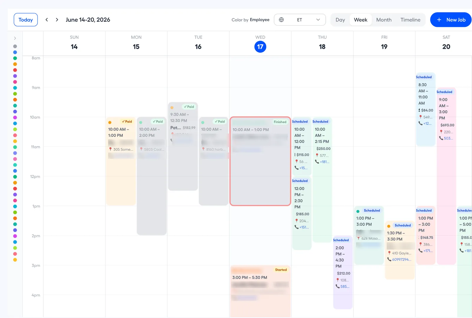 JobTrekPro schedule calendar with jobs placed by technician and time