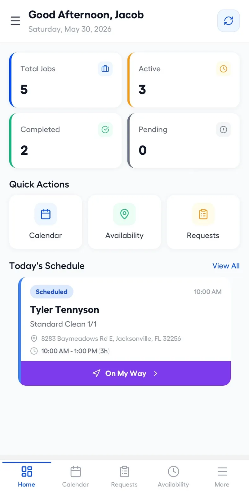 JobTrekPro technician mobile app with today's jobs and an On My Way button